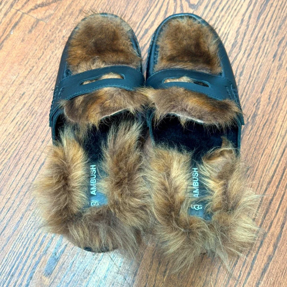 UGG AMBUSH Penny Loafer Black Leather Fur Mules Men 9 EU 42 Collab Slipper Shoe